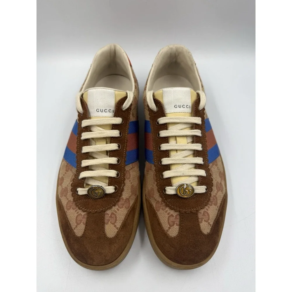 Gucci Screener Men's Sneakers GG Monogram Brown Suede Web Red Blue Size 10 US 11